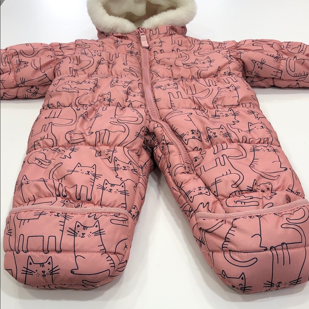 Carter’s Baby Girl Pink Cat Print Puffer Snowsuit Bunting Bag 6-9 Months